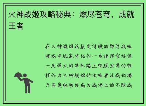 火神战姬攻略秘典：燃尽苍穹，成就王者